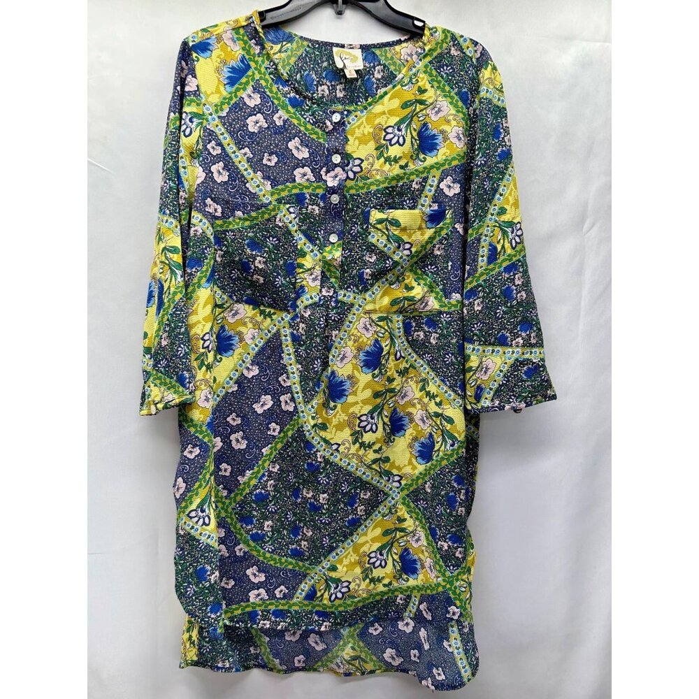 Fig And Flower Floral Patchwork Tunic Dress With Button Front & Pocket 3/4 Sleev